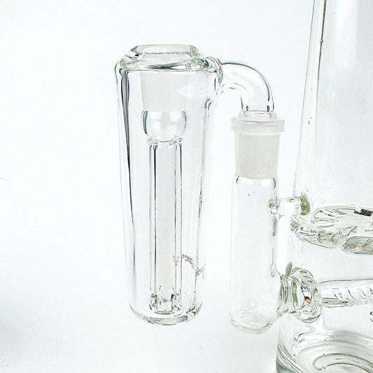 Close up of conical clear glass ash catcher, fit on a 90 degree joint bong