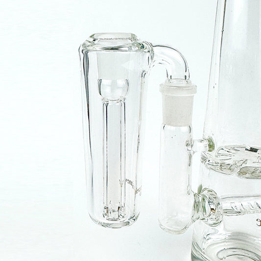Close up of conical clear glass ash catcher, fit on a 90 degree joint bong
