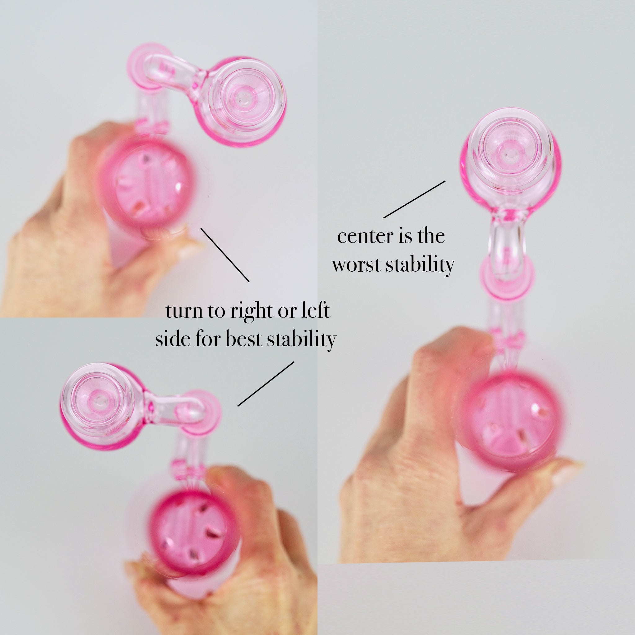 Diagram of aerial view of best ash catcher positioning for stability during use with Mimi bong (most stable on left or right side, not in the center)