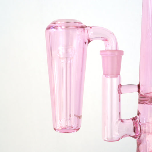Close up of conical pink glass ash catcher, fit on a 90 degree joint bong