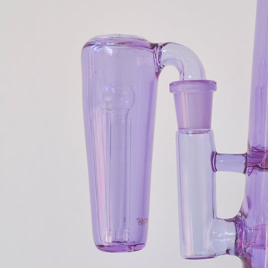 Close up of conical purple glass ash catcher, fit on a 90 degree joint bong