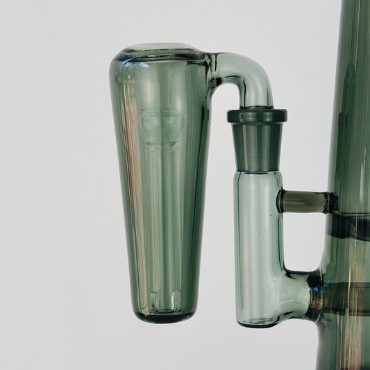 Close up of conical grey glass ash catcher, fit on a 90 degree joint bong