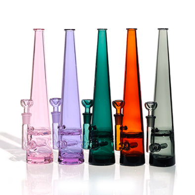 Five Mimi bongs lined up. From left to right: pink, purple, teal, amber, smoke grey