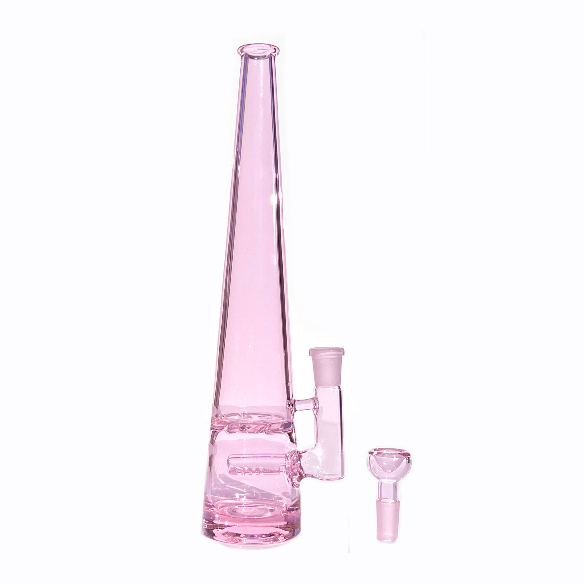 12 inch tall monochromatic pink glass bong, standing tall with joint to right, bowl piece on the surface next to the base