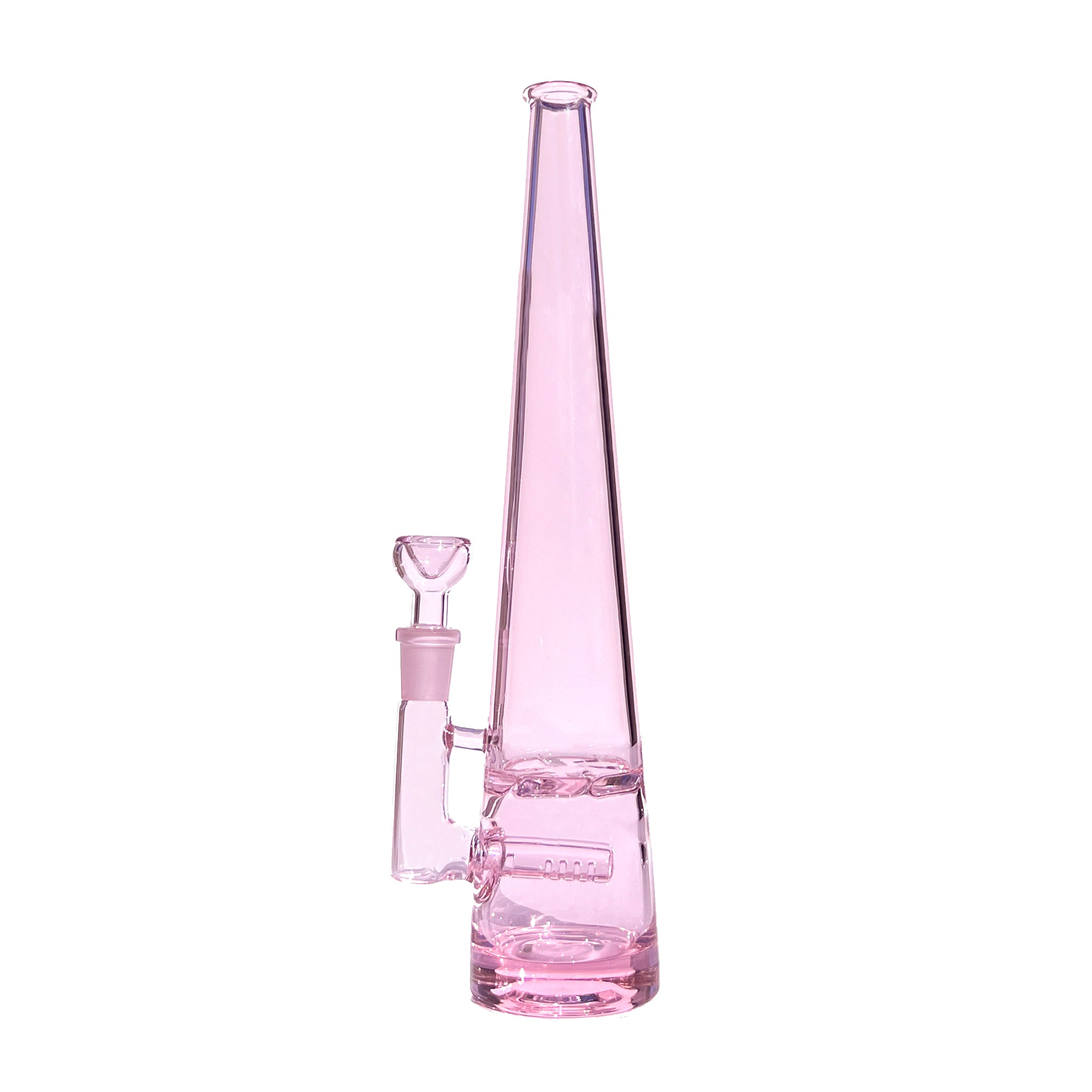 12 inch tall monochromatic pink glass bong, standing tall with inline and turbine percolators and matching bowl piece