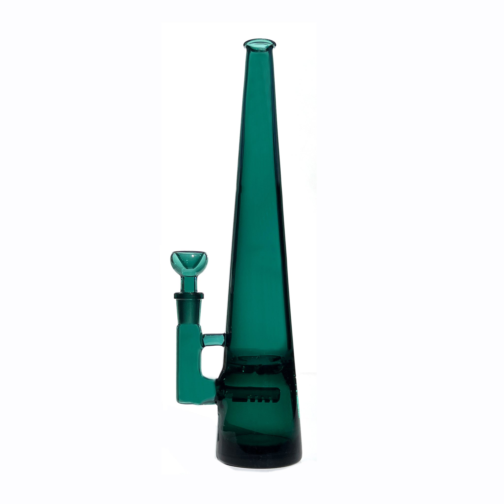 12 inch tall monochromatic teal glass bong, standing tall with inline and turbine percolators and matching bowl piece
