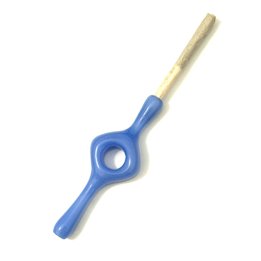 A milky blue glass joint holder with a hole in the middle designed for better grip and a smoother smoke. 
