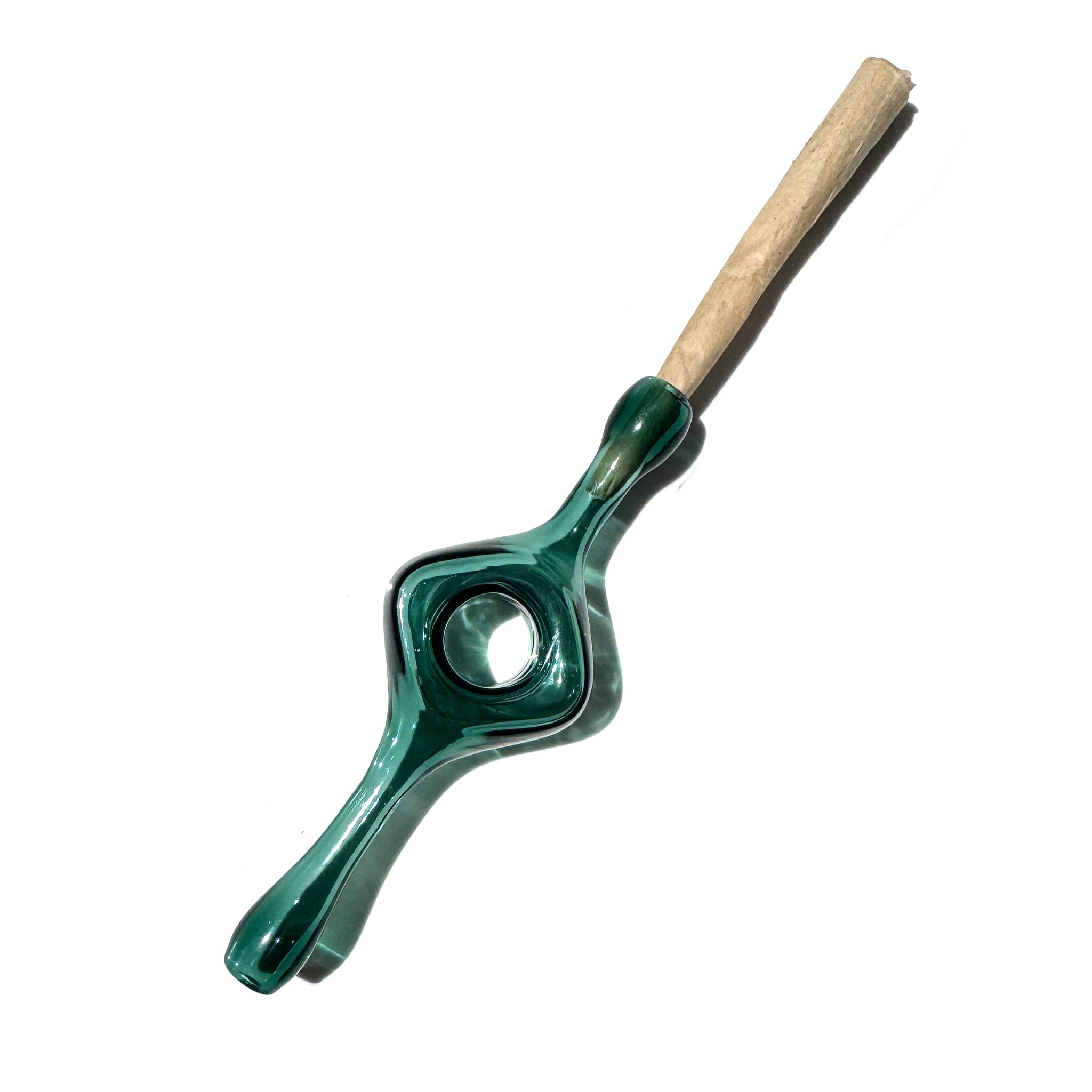 A teal glass joint holder with a hole in the middle designed for better grip and a smoother smoke. 