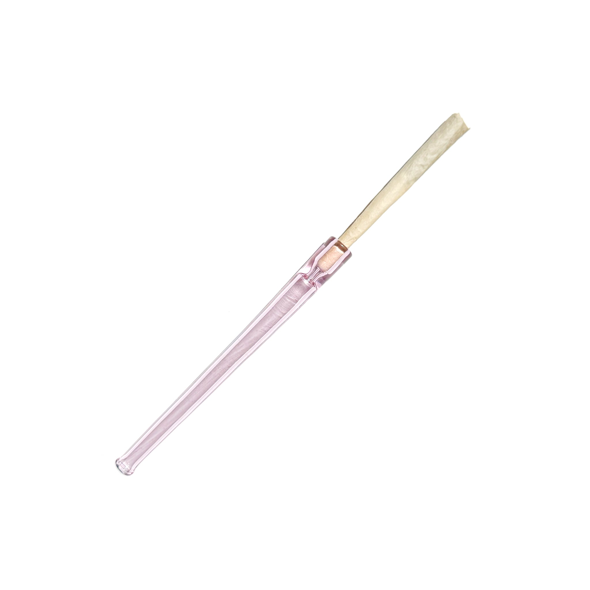Transparent pink glass Cruella joint holder, laid diagonally on a white background