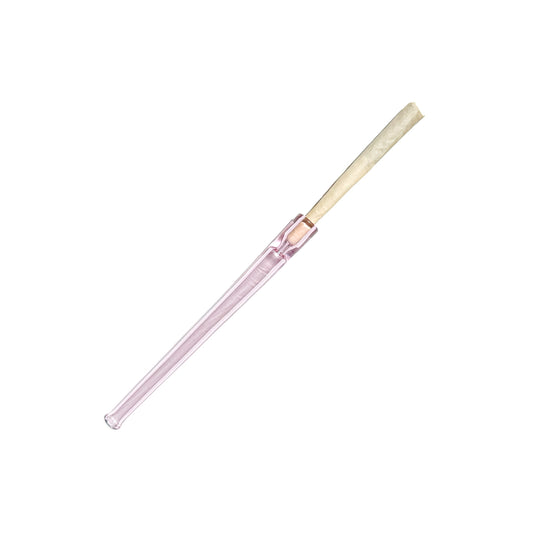 Transparent pink glass Cruella joint holder, laid diagonally on a white background
