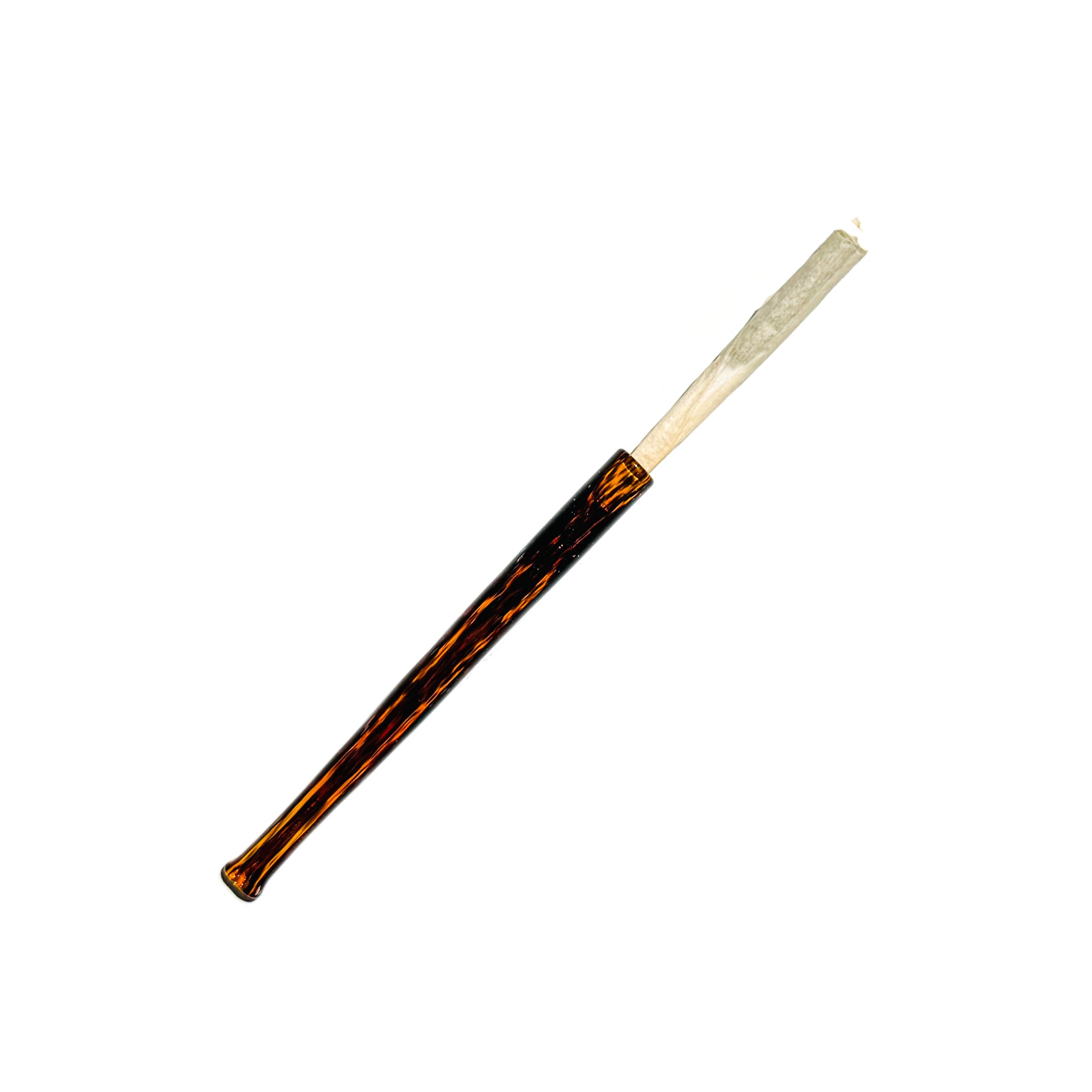 5 inch long Cruella joint holder, made from amber and black glass in a tortoise shell pattern