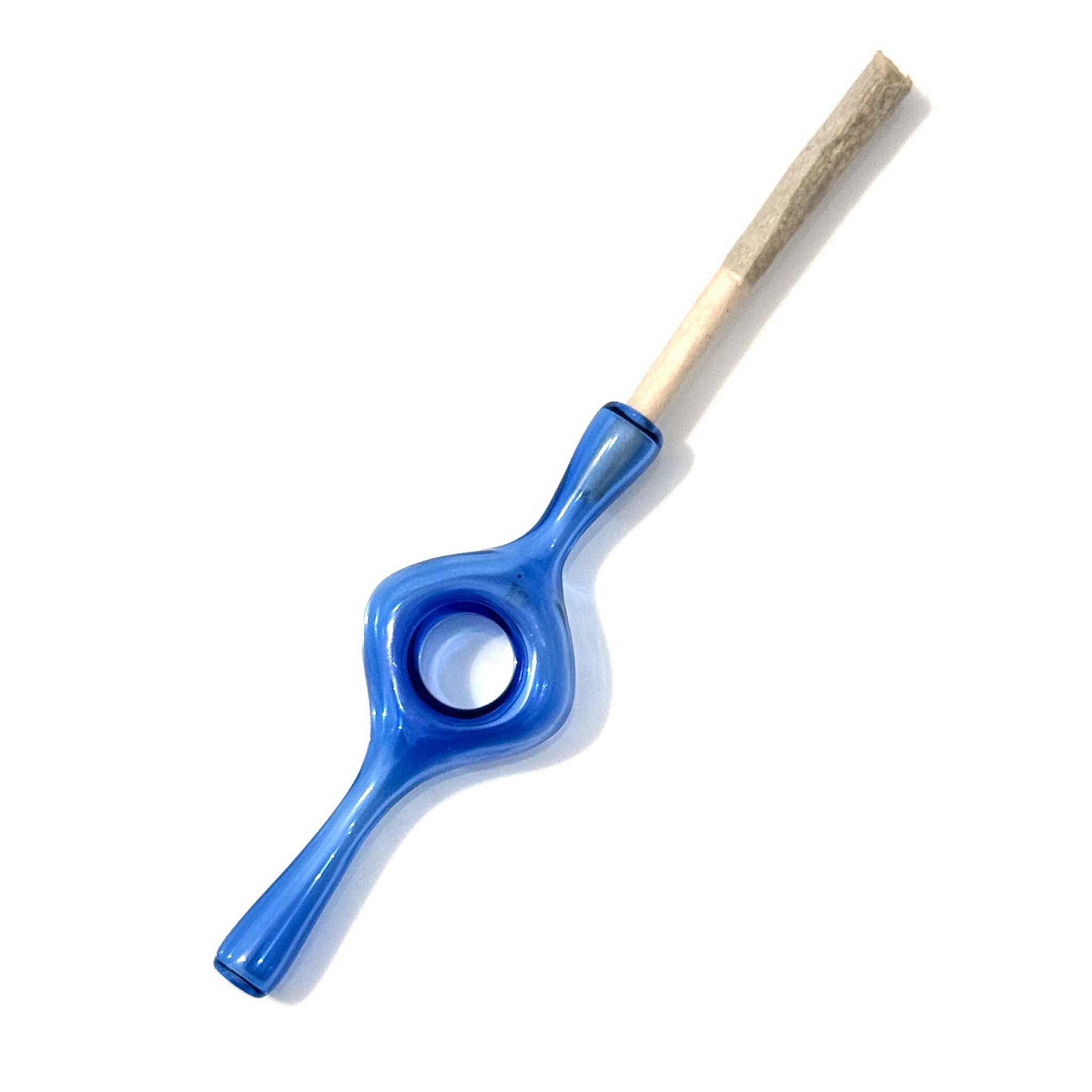A transparent cobalt blue glass joint holder with a hole in the middle designed for better grip and a smoother smoke. 