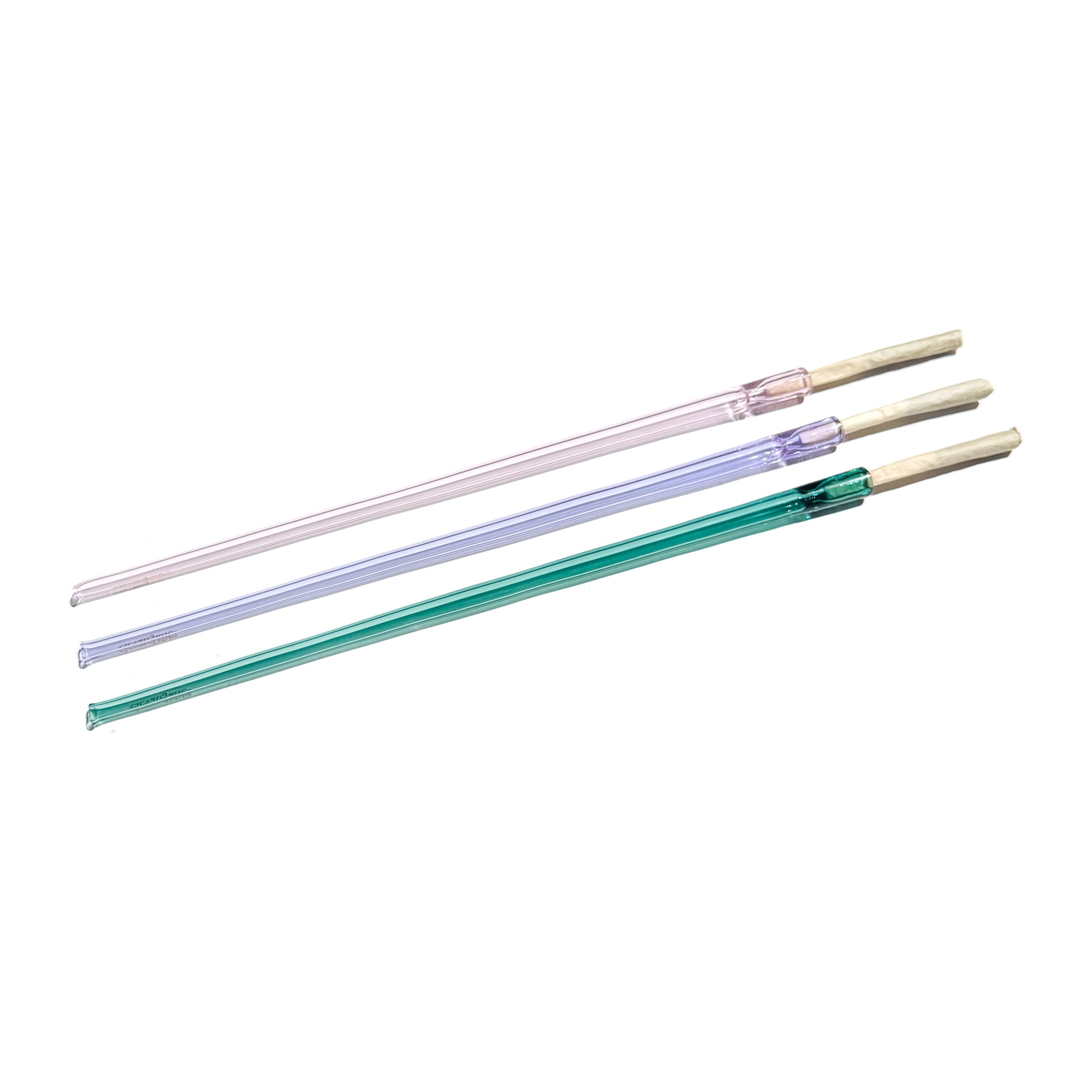 Three 12 inch long Cruella joint holders lined up diagonally. Glass colors from top to bottom are: pink, purple, and teal.