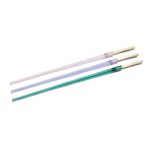 Three 12 inch long Cruella joint holders lined up diagonally. Glass colors from top to bottom are: pink, purple, and teal.