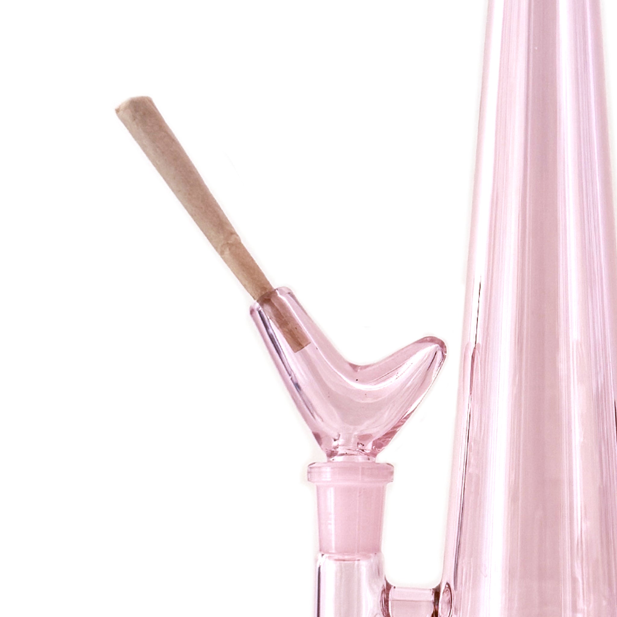Pink glass bowl for bong with an opening that fits a joint. The bowl is reminiscent of an abstract bird shape