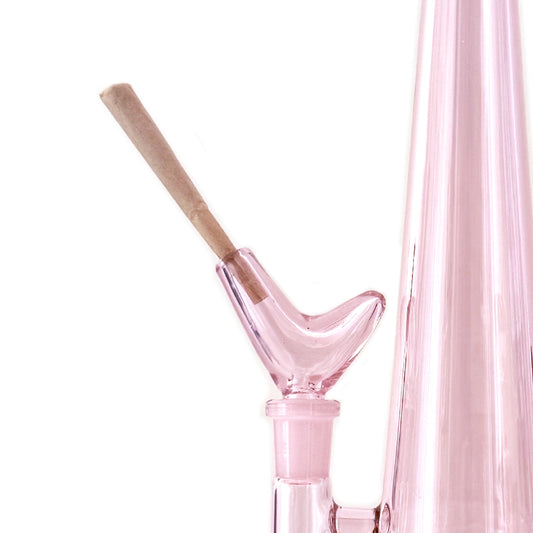 Pink glass bowl for bong with an opening that fits a joint. The bowl is reminiscent of an abstract bird shape