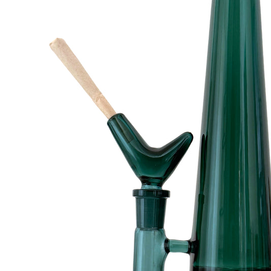 Teal glass bowl for bong hat fits a joint in an opening. The bowl is reminiscent of an abstract bird shape