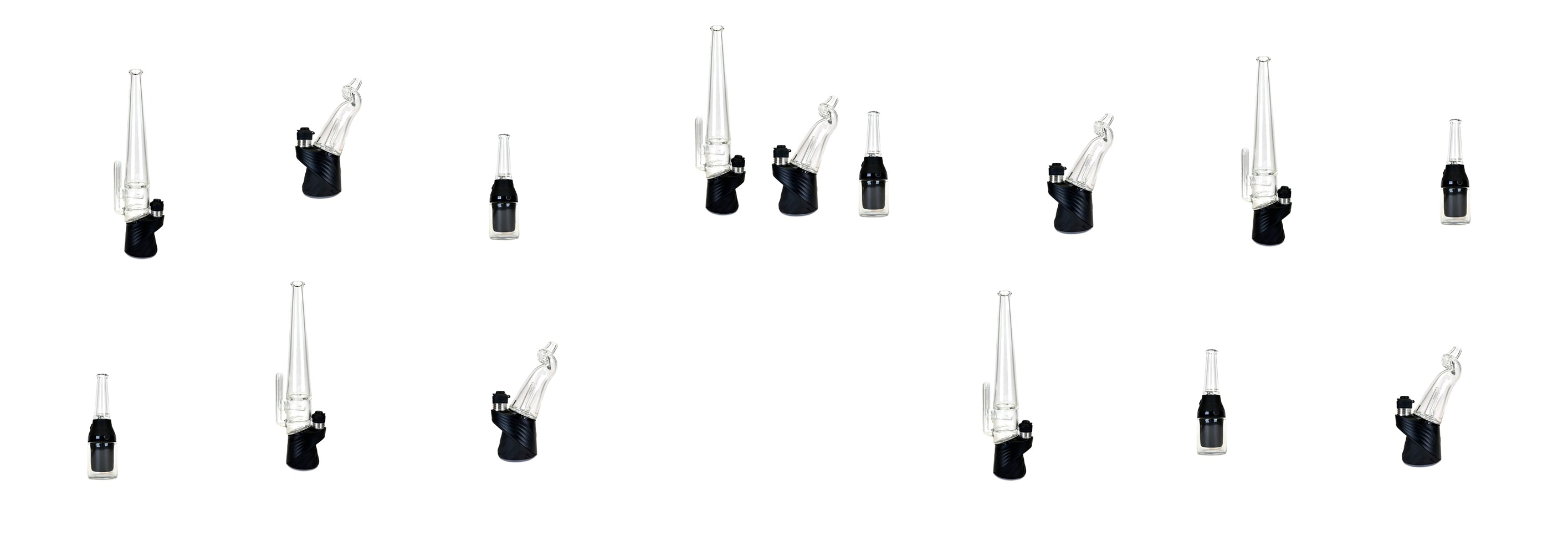 An assortment of Puffco glass attachments in an almost printed pattern.