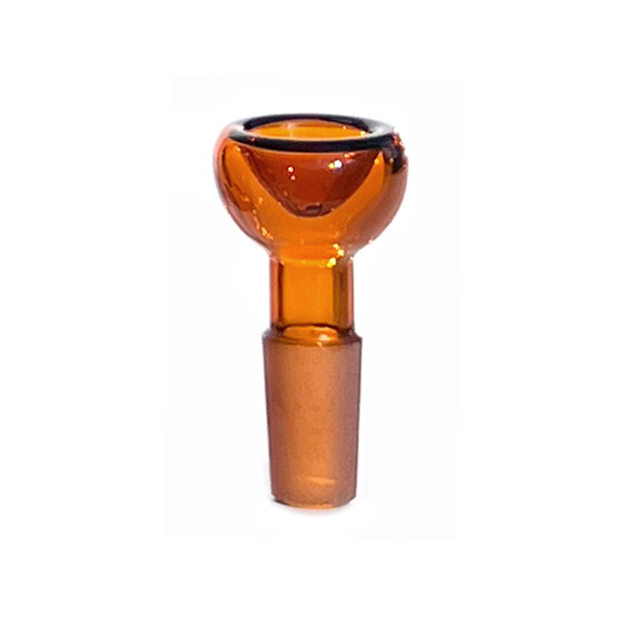 Close up shot of 14mm bowl piece with ground male joint, made from monochromatic amber glass