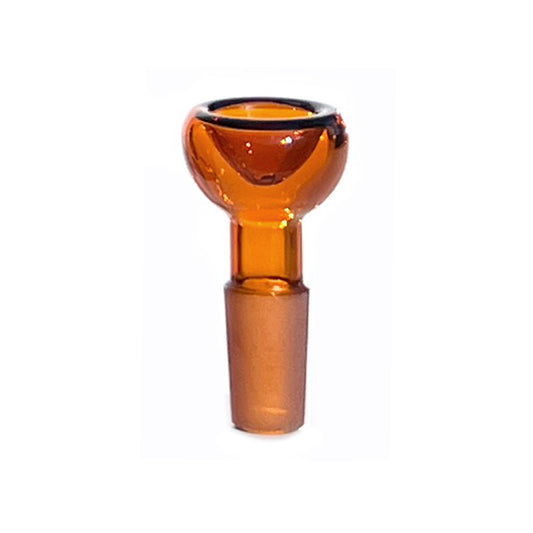 Close up shot of 14mm bowl piece with ground male joint, made from monochromatic amber glass