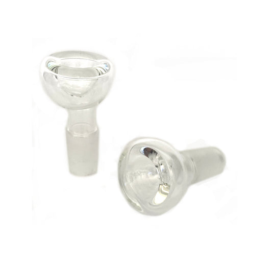 Close up shot of 14mm bowl piece with ground male joint, made from clear glass