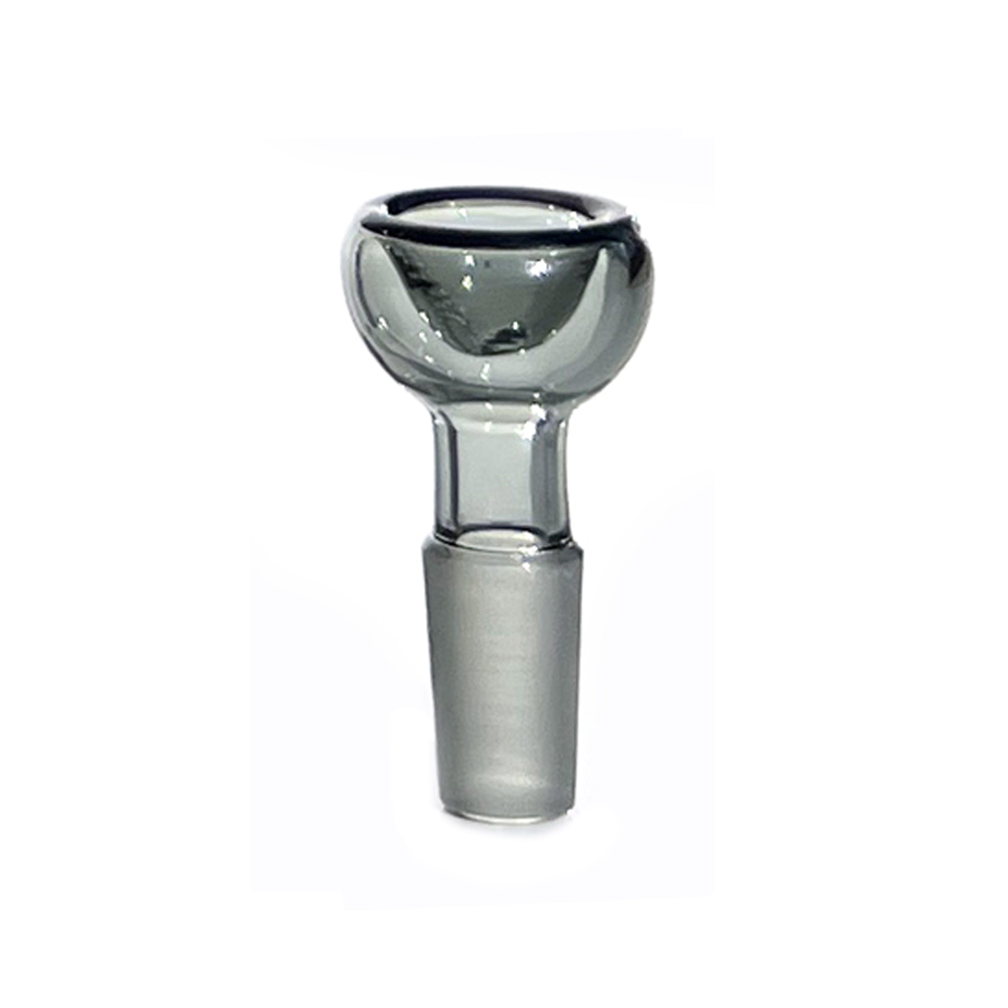 Close up shot of 14mm bowl piece with ground male joint, made from monochromatic grey glass