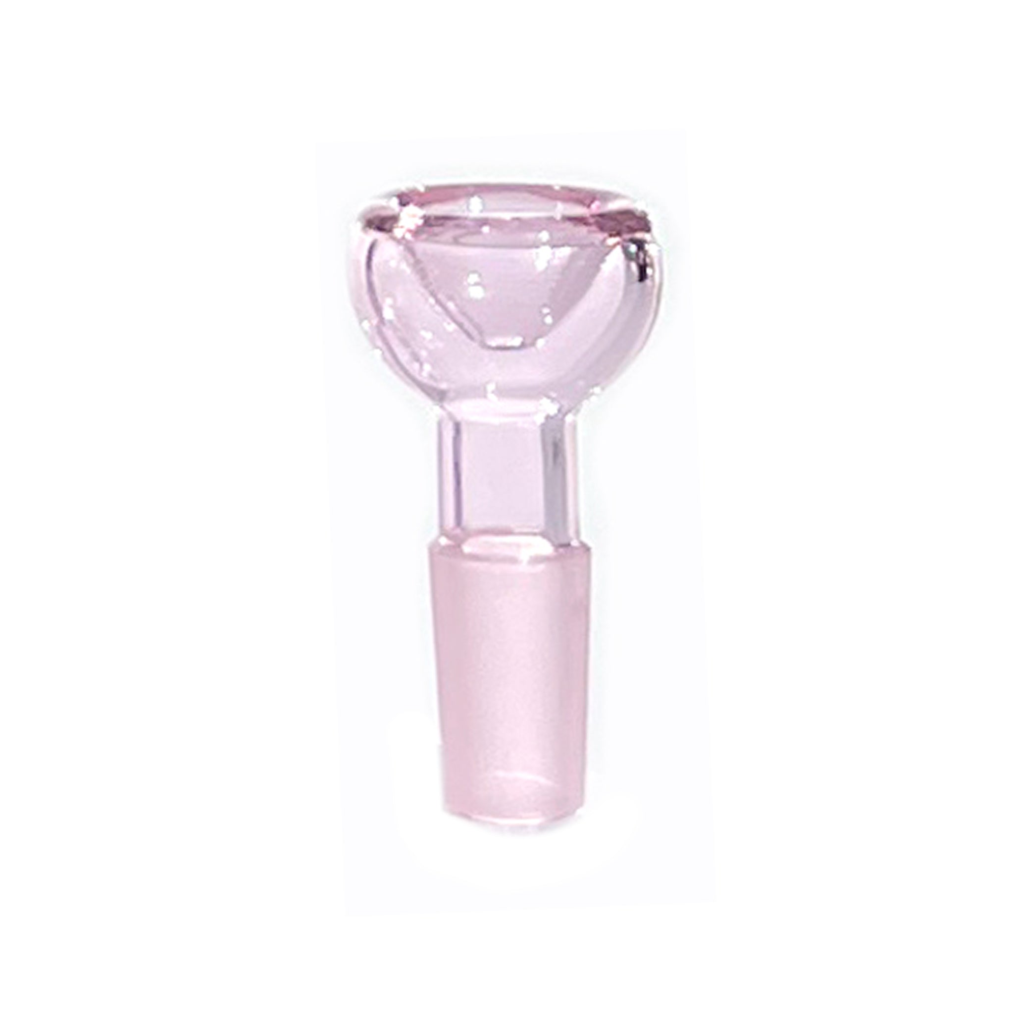 Close up shot of 14mm bowl piece with ground male joint, made from monochromatic pink glass