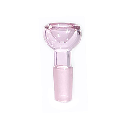 Close up shot of 14mm bowl piece with ground male joint, made from monochromatic pink glass