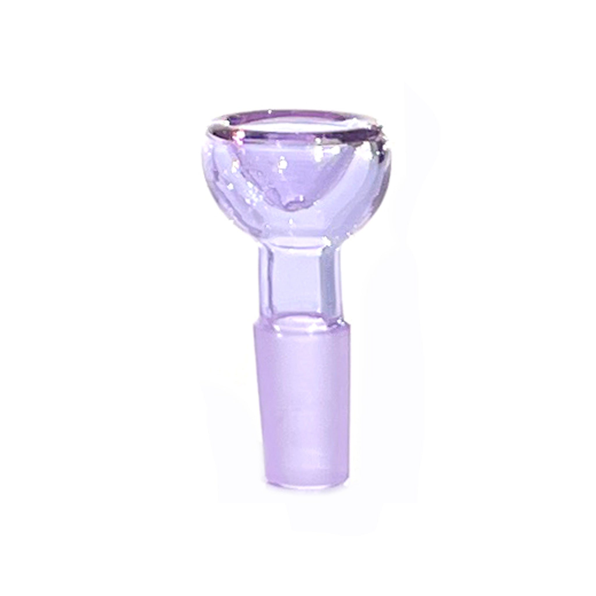 Close up shot of 14mm bowl piece with ground male joint, made from monochromatic purple glass