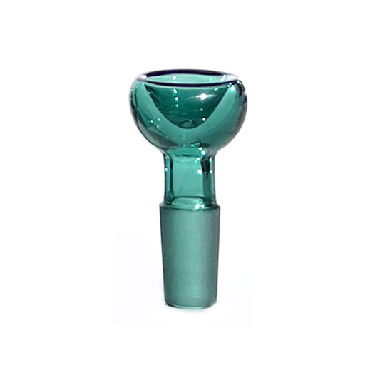 Close up shot of 14mm bowl piece with ground male joint, made from monochromatic teal glass