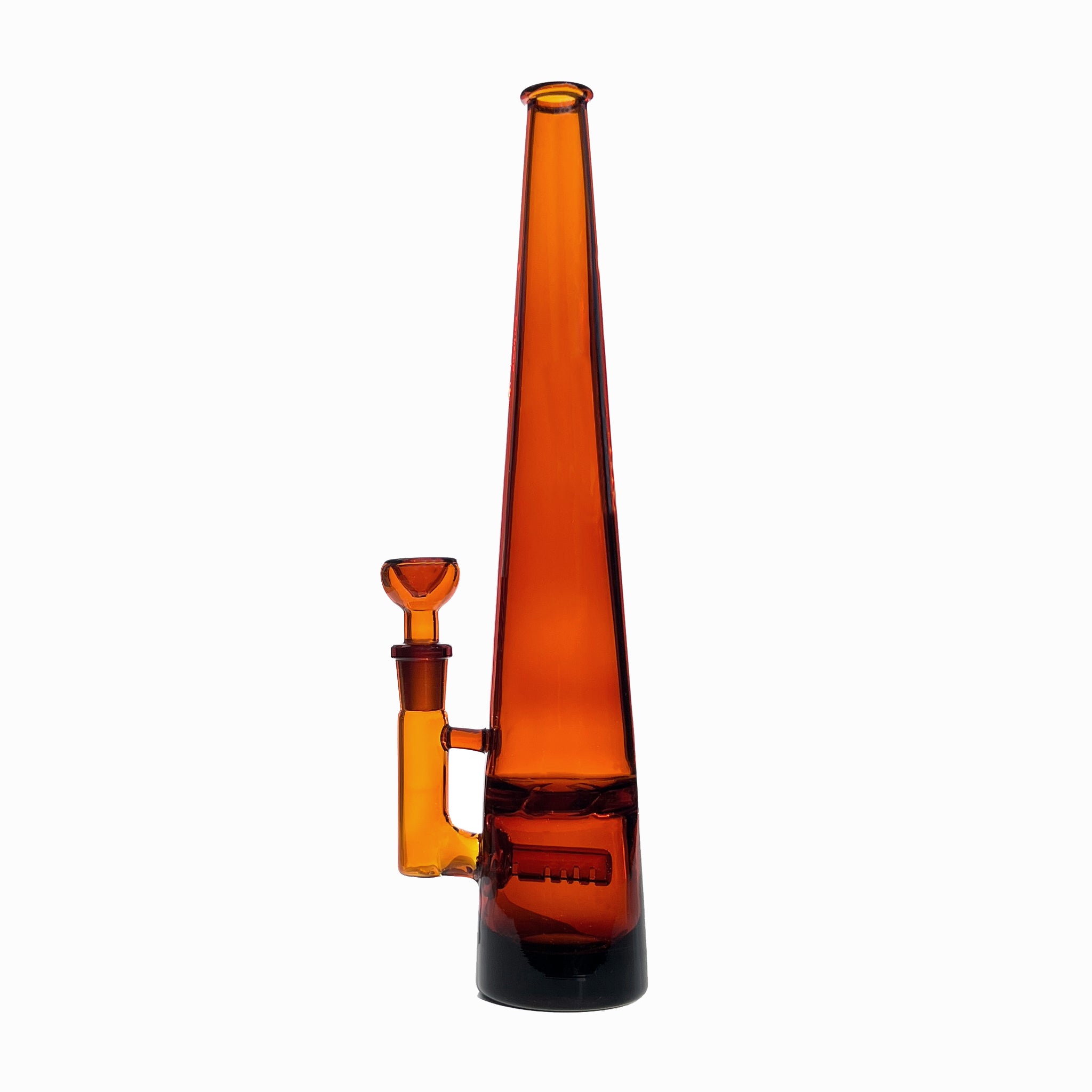 12 inch tall monochromatic amber glass bong, standing tall with inline and turbine percolators and matching bowl piece