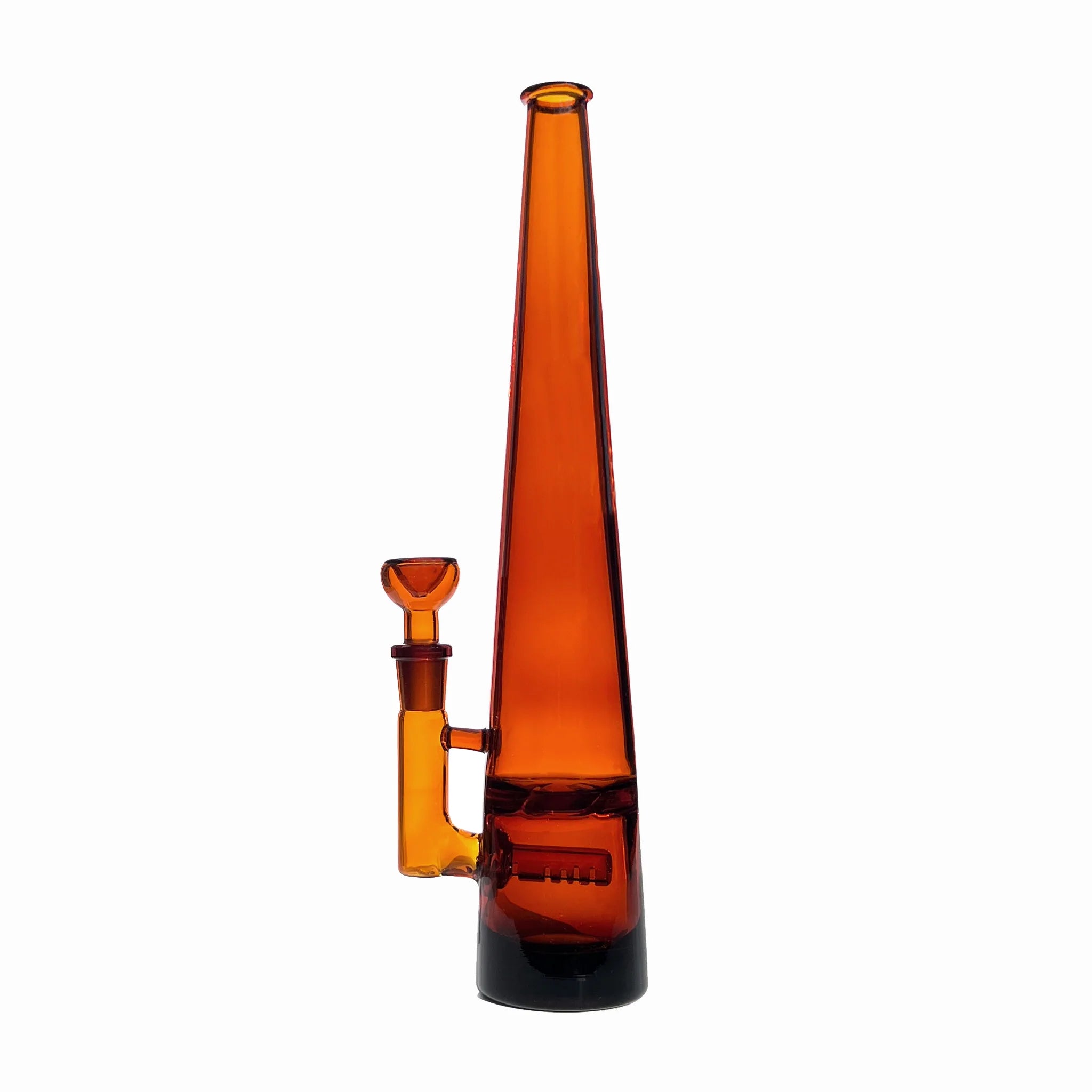 12 inch tall monochromatic amber glass bong, standing tall with inline and turbine percolators and matching bowl piece