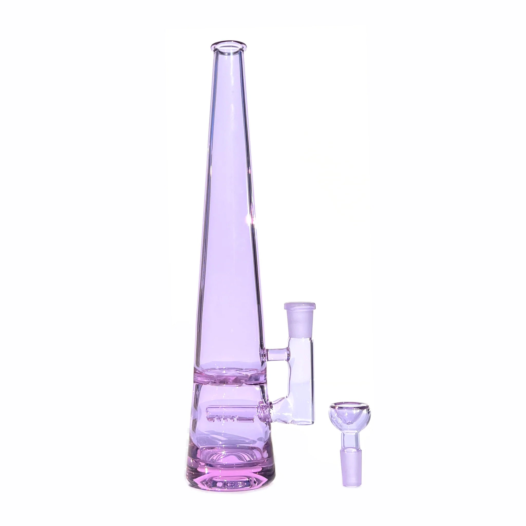 12 inch tall monochromatic purple glass bong, standing tall with joint to right, bowl piece on the surface next to the base
