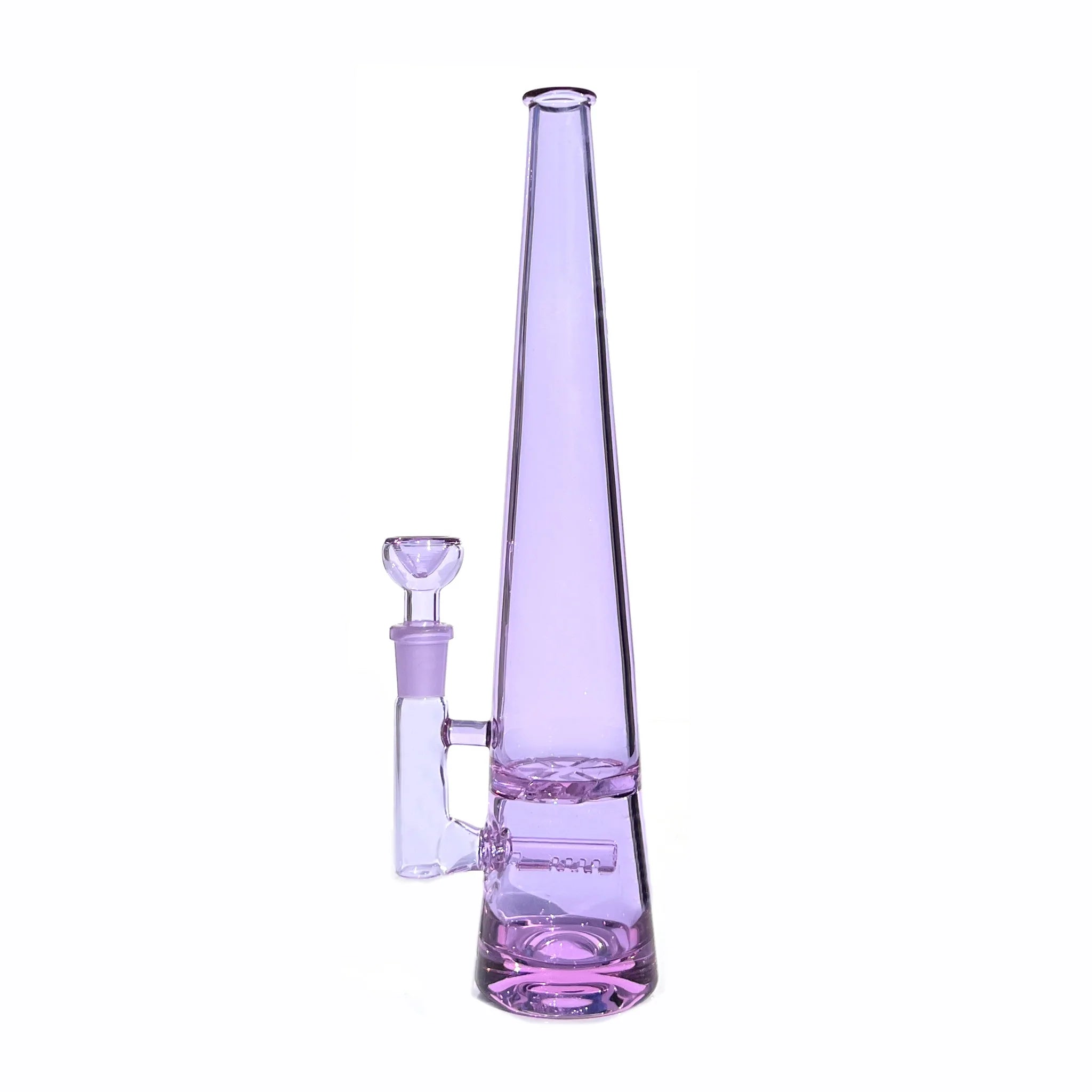 12 inch tall monochromatic purple glass bong, standing tall with inline and turbine percolators and matching bowl piece