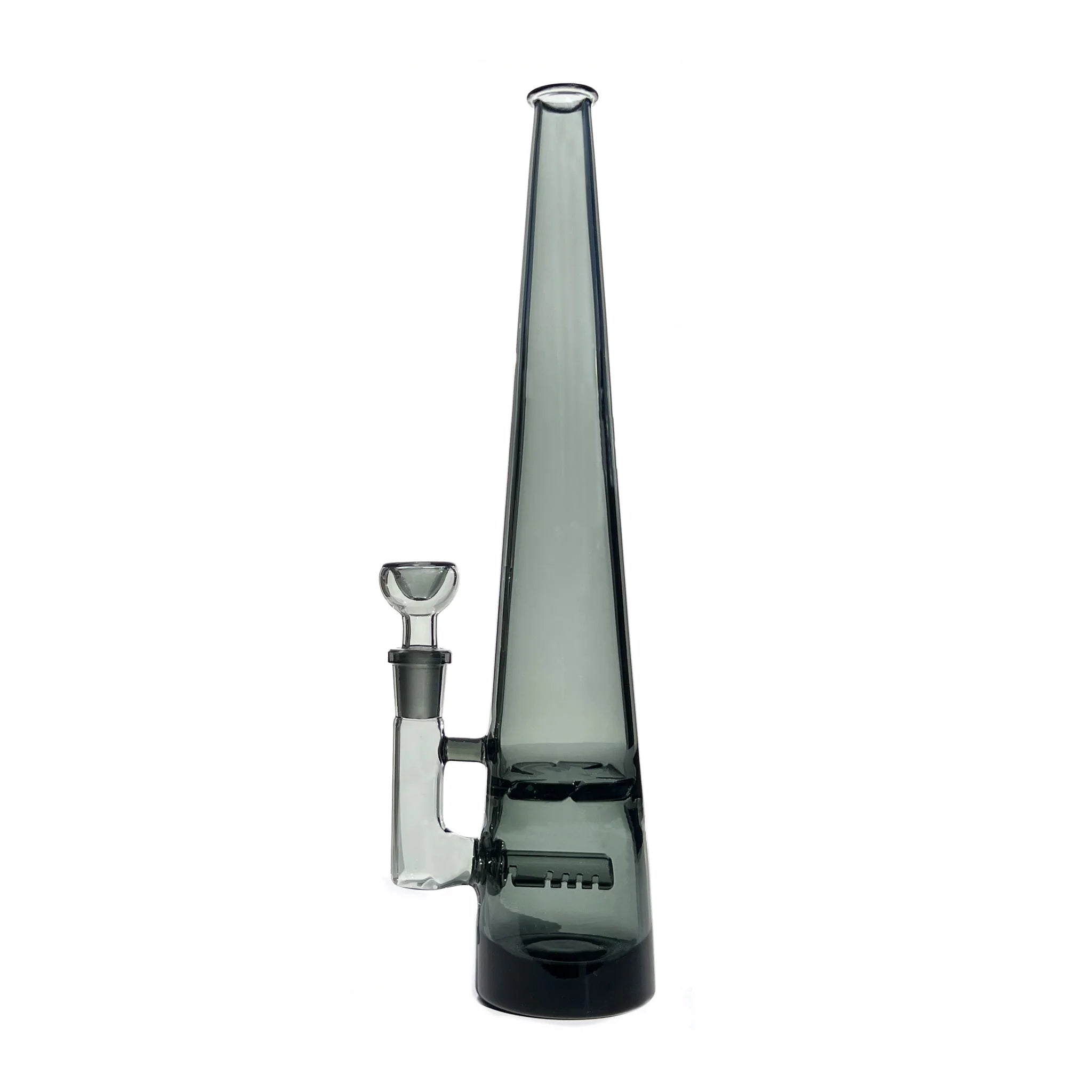 12 inch tall monochromatic grey glass bong, standing tall with inline and turbine percolators and matching bowl piece