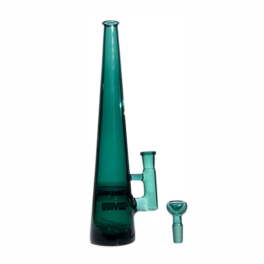 12 inch tall monochromatic teal glass bong, standing tall with joint to right, bowl piece on the surface next to the base